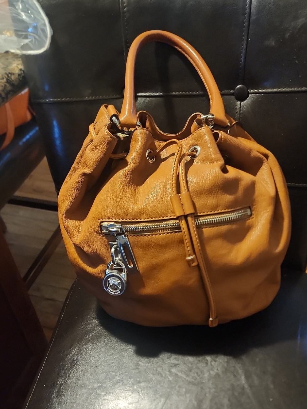 Michael Kors Tan Pebbled Leather Drawstring Hobo with Front Zip